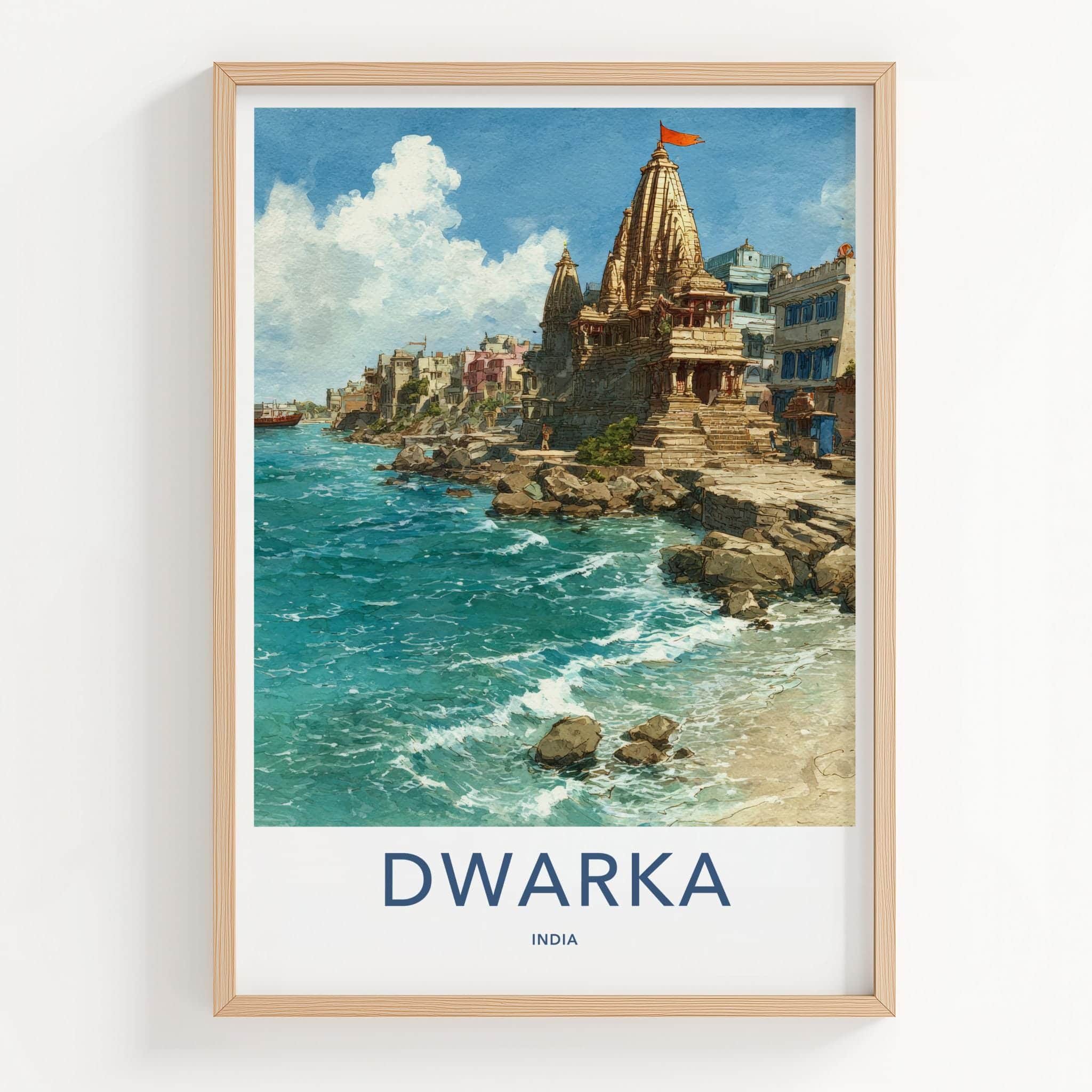 Dwarka Poster - India Travel Art - Gujarat Coastal Temple City Home Decor