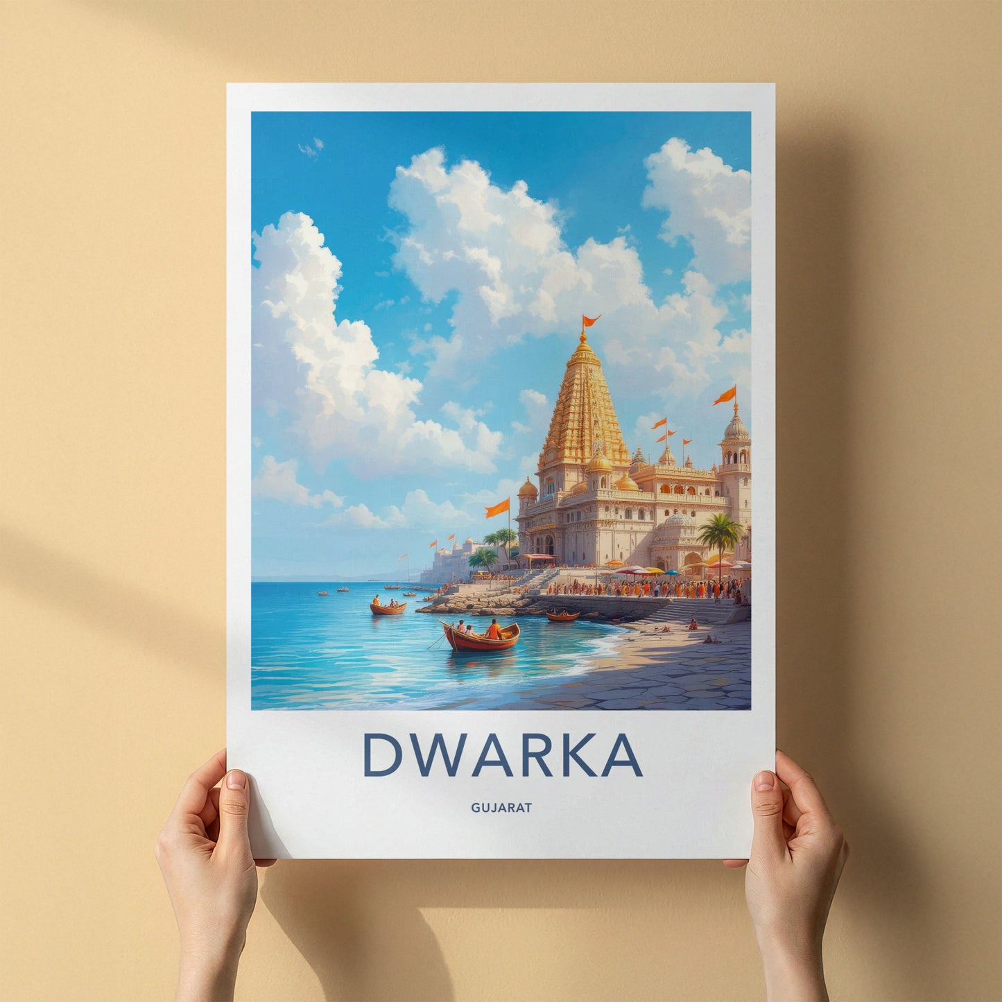 Dwarka Poster - India Travel Art - Gujarat Golden Temple Shore Home Decor