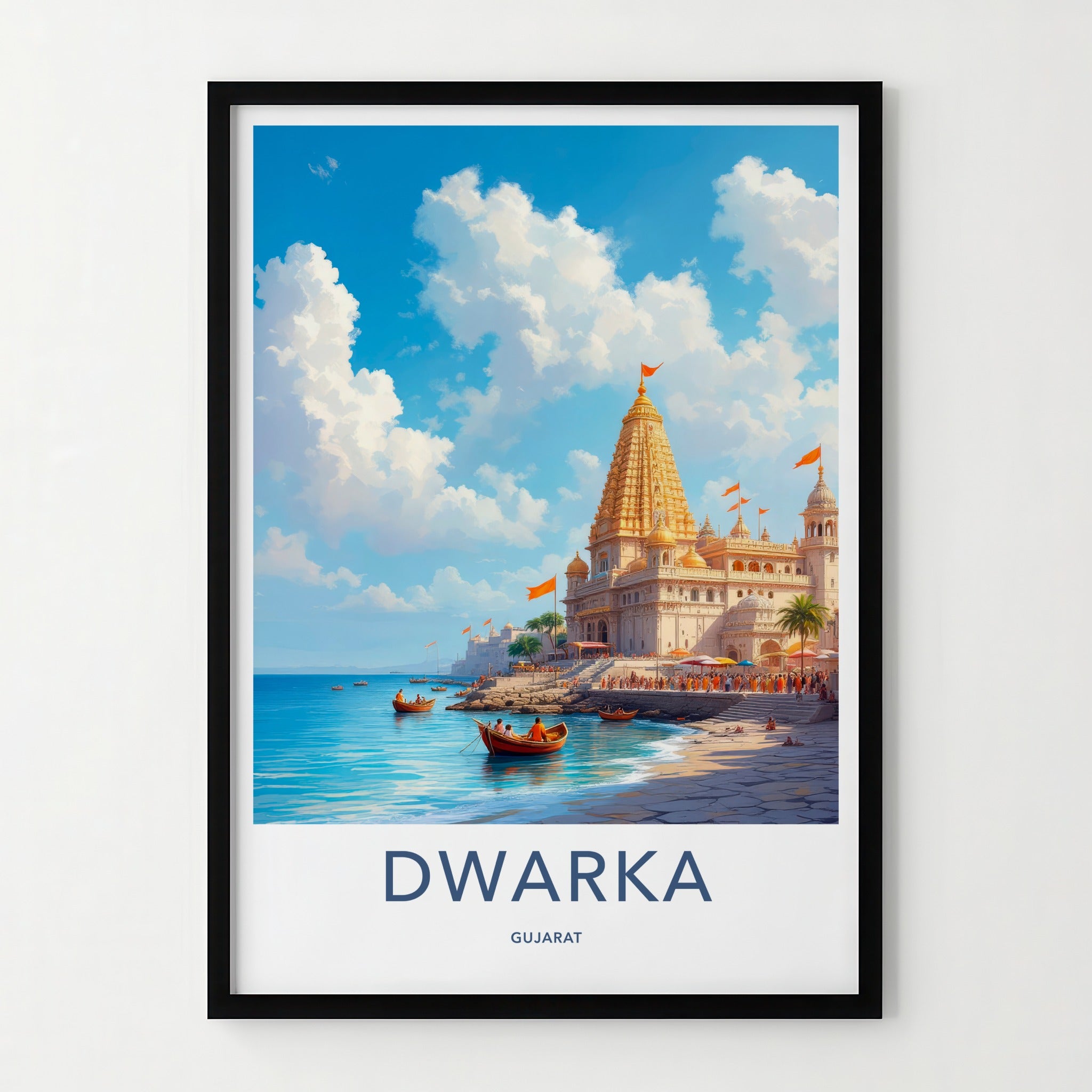 Dwarka Poster - India Travel Art - Gujarat Golden Temple Shore Home Decor