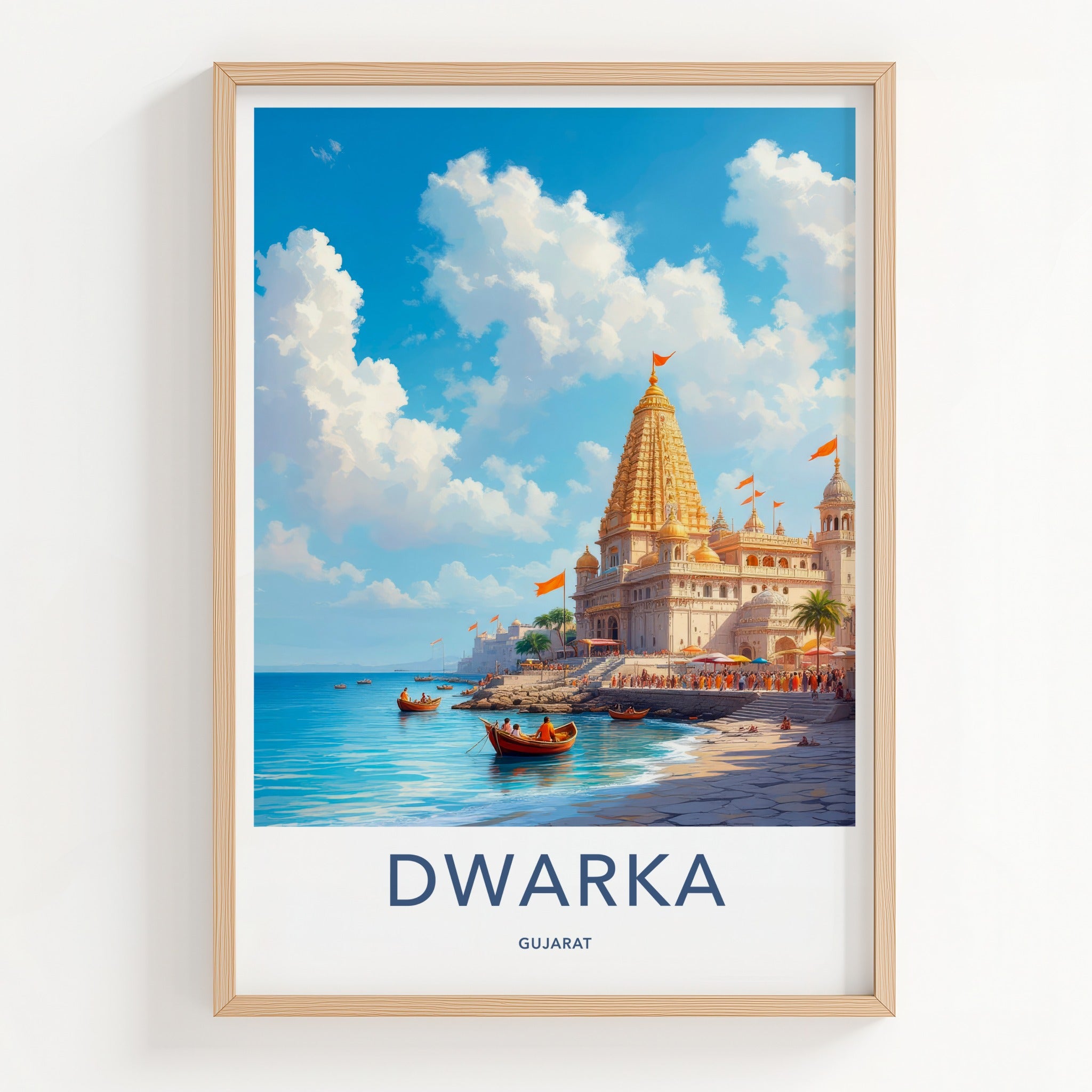 Dwarka Poster - India Travel Art - Gujarat Golden Temple Shore Home Decor