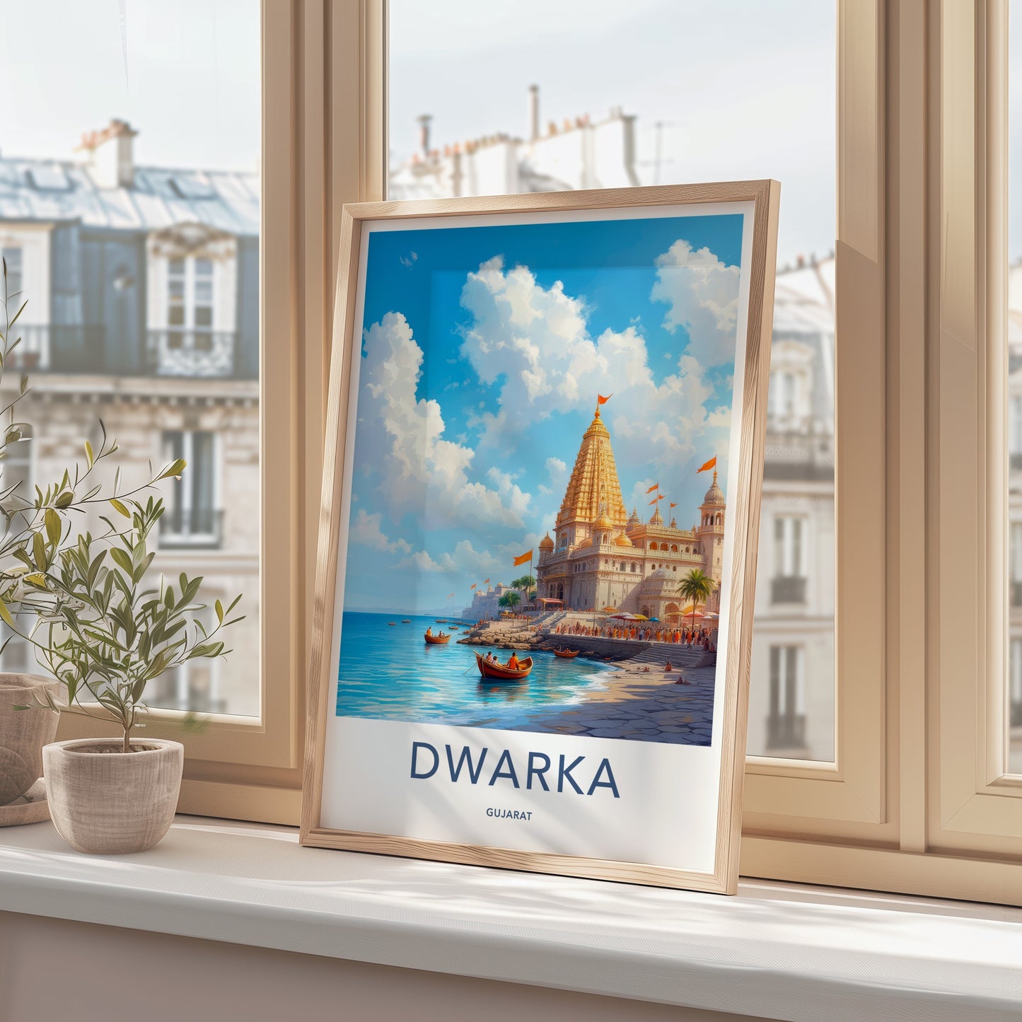 Dwarka Poster - India Travel Art - Gujarat Golden Temple Shore Home Decor