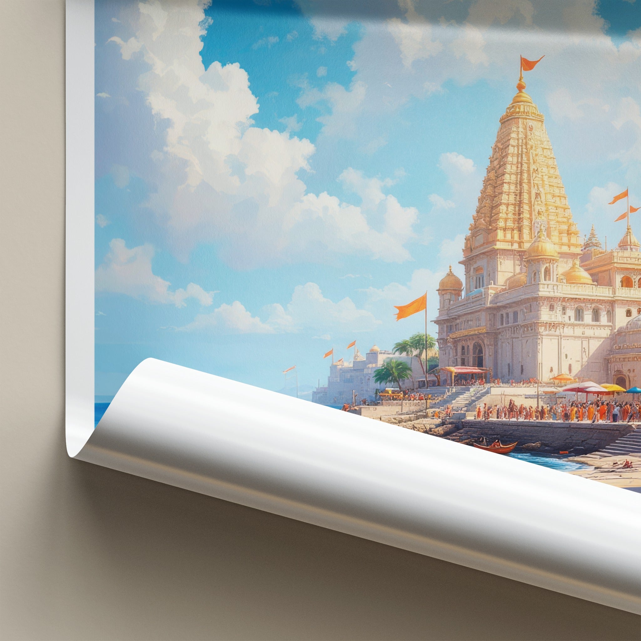 Dwarka Poster - India Travel Art - Gujarat Golden Temple Shore Home Decor
