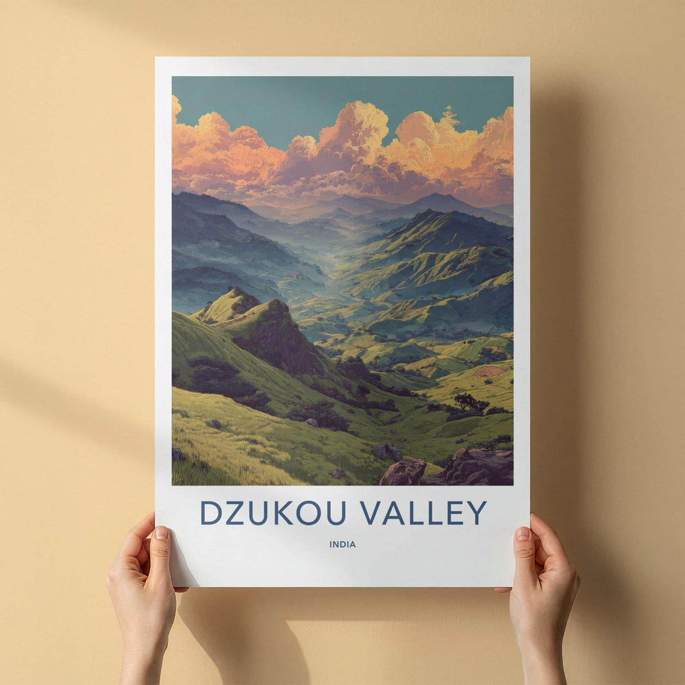 Dzukou Valley Poster - India Travel Art - Nagaland Golden Sky Valley Home Decor