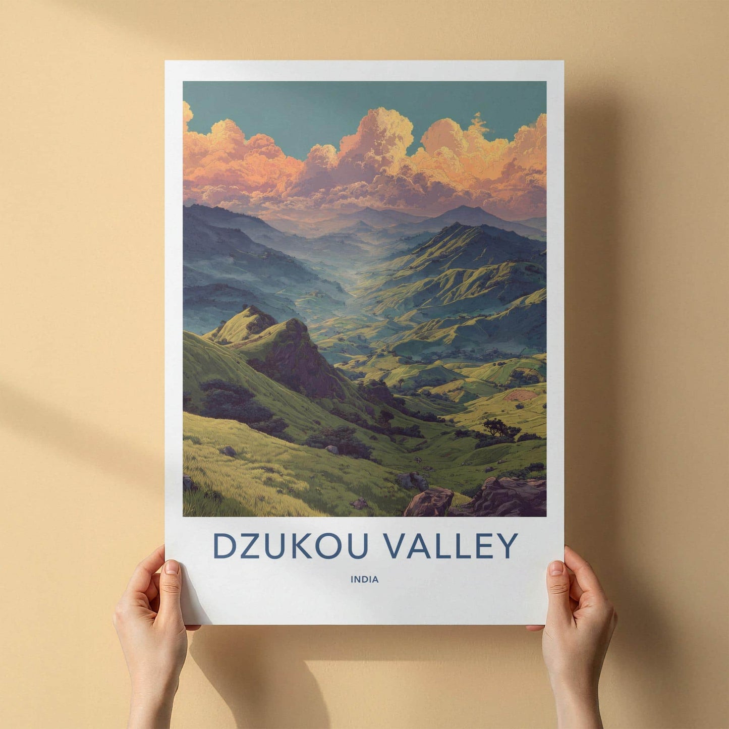 Dzukou Valley Poster - India Travel Art - Nagaland Golden Sky Valley Home Decor