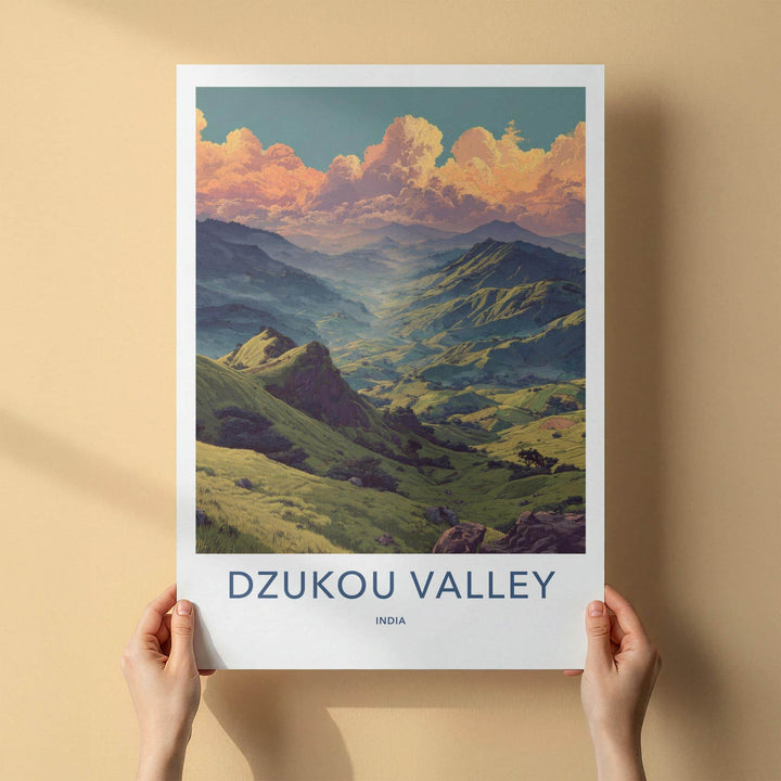 Dzukou Valley Poster - India Travel Art - Nagaland Golden Sky Valley Home Decor