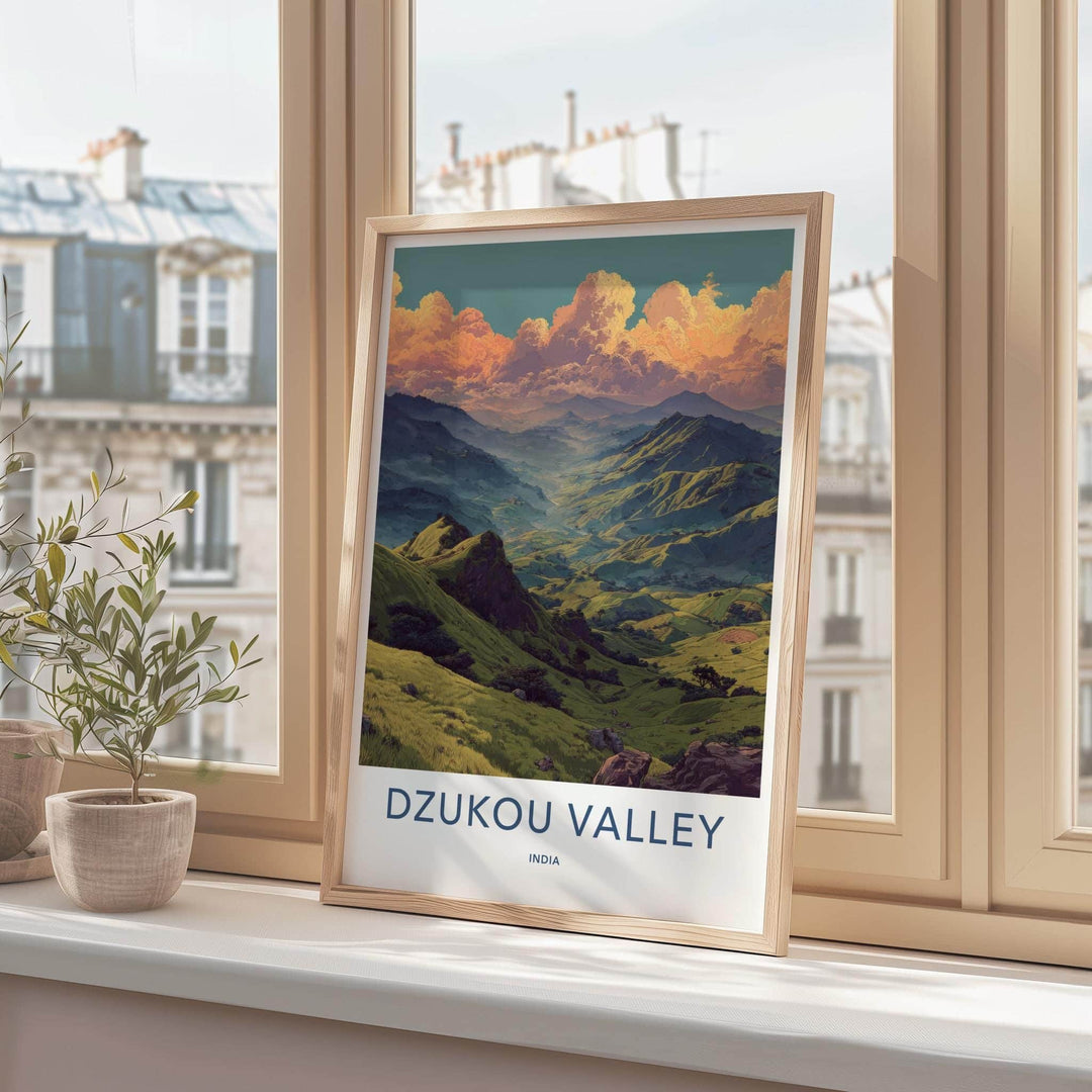 Dzukou Valley Poster - India Travel Art - Nagaland Golden Sky Valley Home Decor