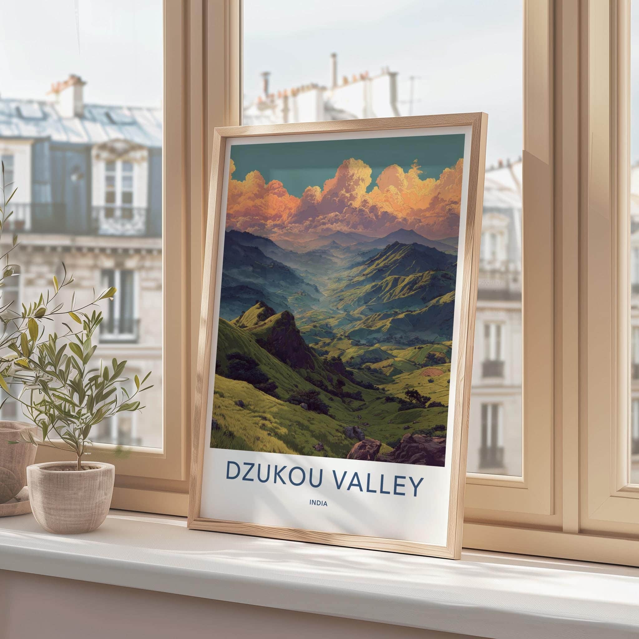 Dzukou Valley Poster - India Travel Art - Nagaland Golden Sky Valley Home Decor