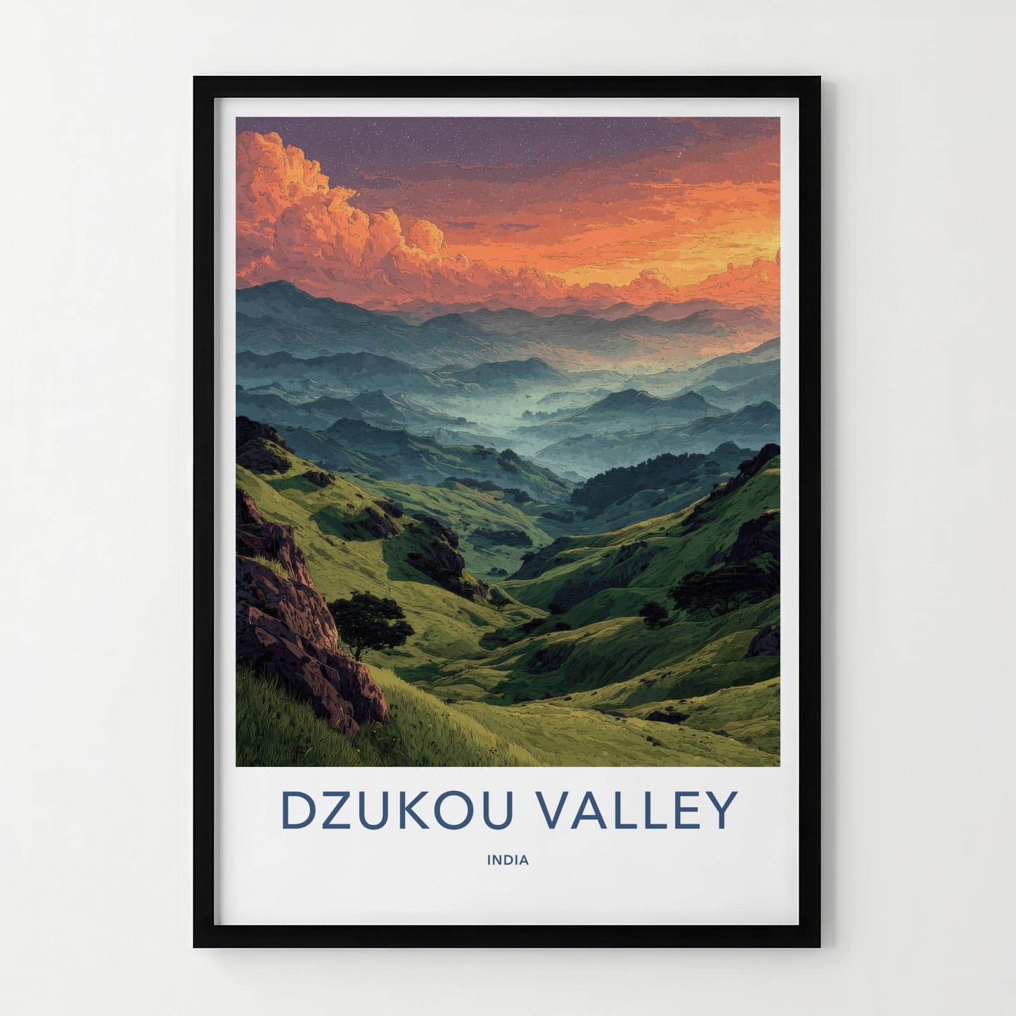 Dzukou Valley Poster - India Travel Art - Nagaland Vibrant Misty Peaks Wall Decor