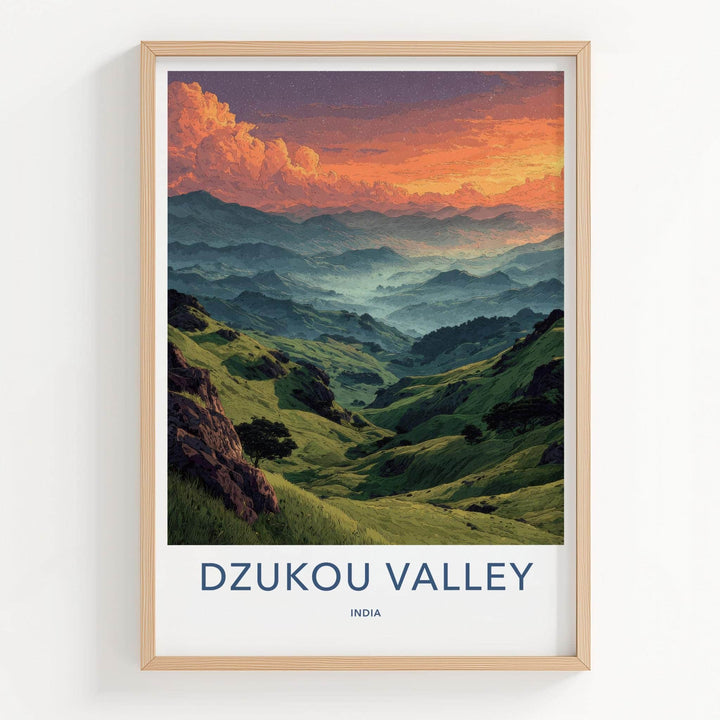 Dzukou Valley Poster - India Travel Art - Nagaland Vibrant Misty Peaks Wall Decor