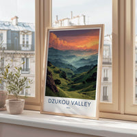 Dzukou Valley Poster - India Travel Art - Nagaland Vibrant Misty Peaks Wall Decor