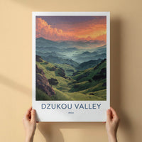 Dzukou Valley Poster - India Travel Art - Nagaland Vibrant Misty Peaks Wall Decor