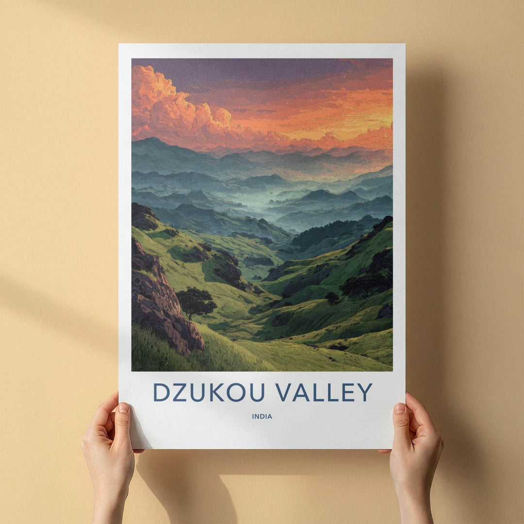 Dzukou Valley Poster - India Travel Art - Nagaland Vibrant Misty Peaks Wall Decor