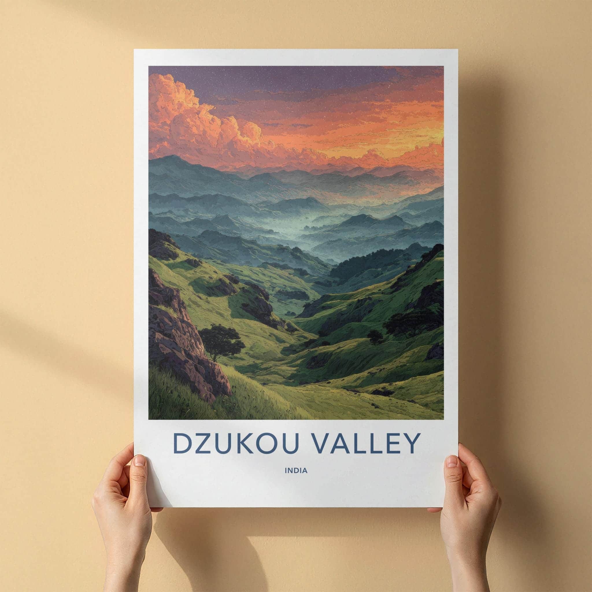 Dzukou Valley Poster - India Travel Art - Nagaland Vibrant Misty Peaks Wall Decor