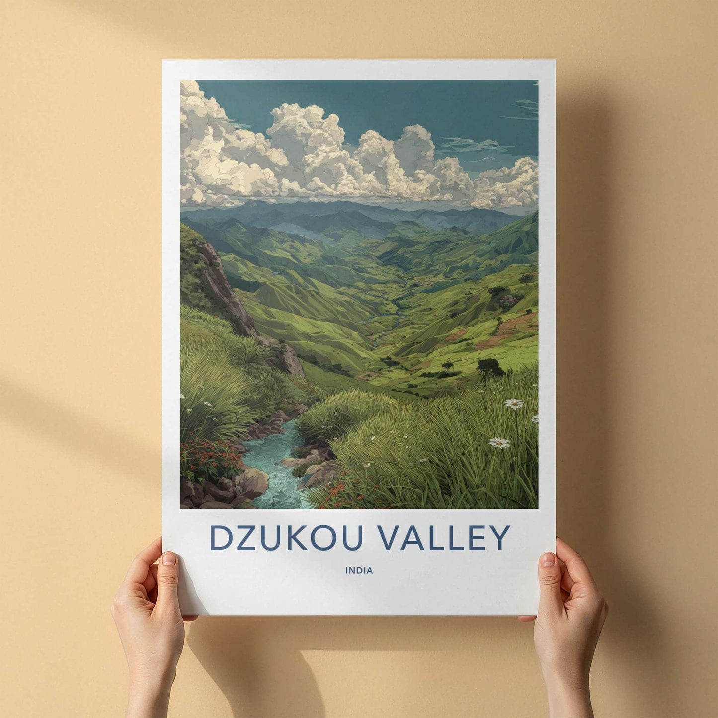 Dzukou Valley Poster - India Wall Art - Nagaland Green hills stream Home Art