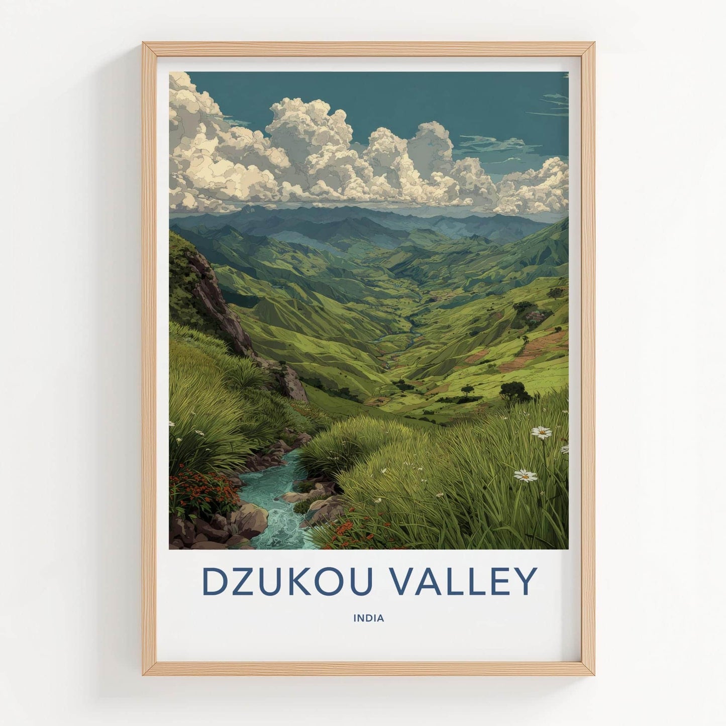 Dzukou Valley Poster - India Wall Art - Nagaland Green hills stream Home Art