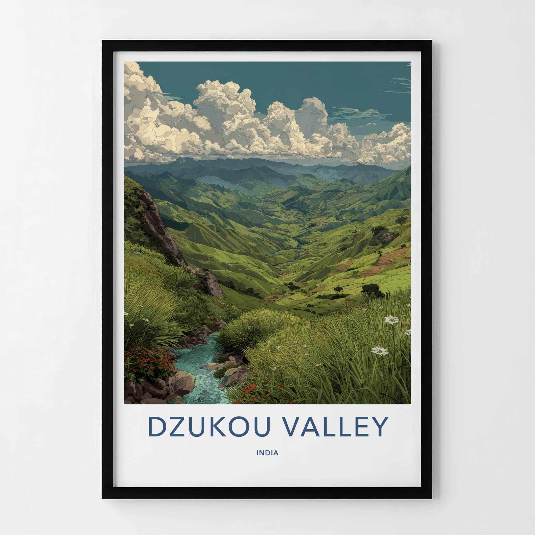 Dzukou Valley Poster - India Wall Art - Nagaland Green hills stream Home Art