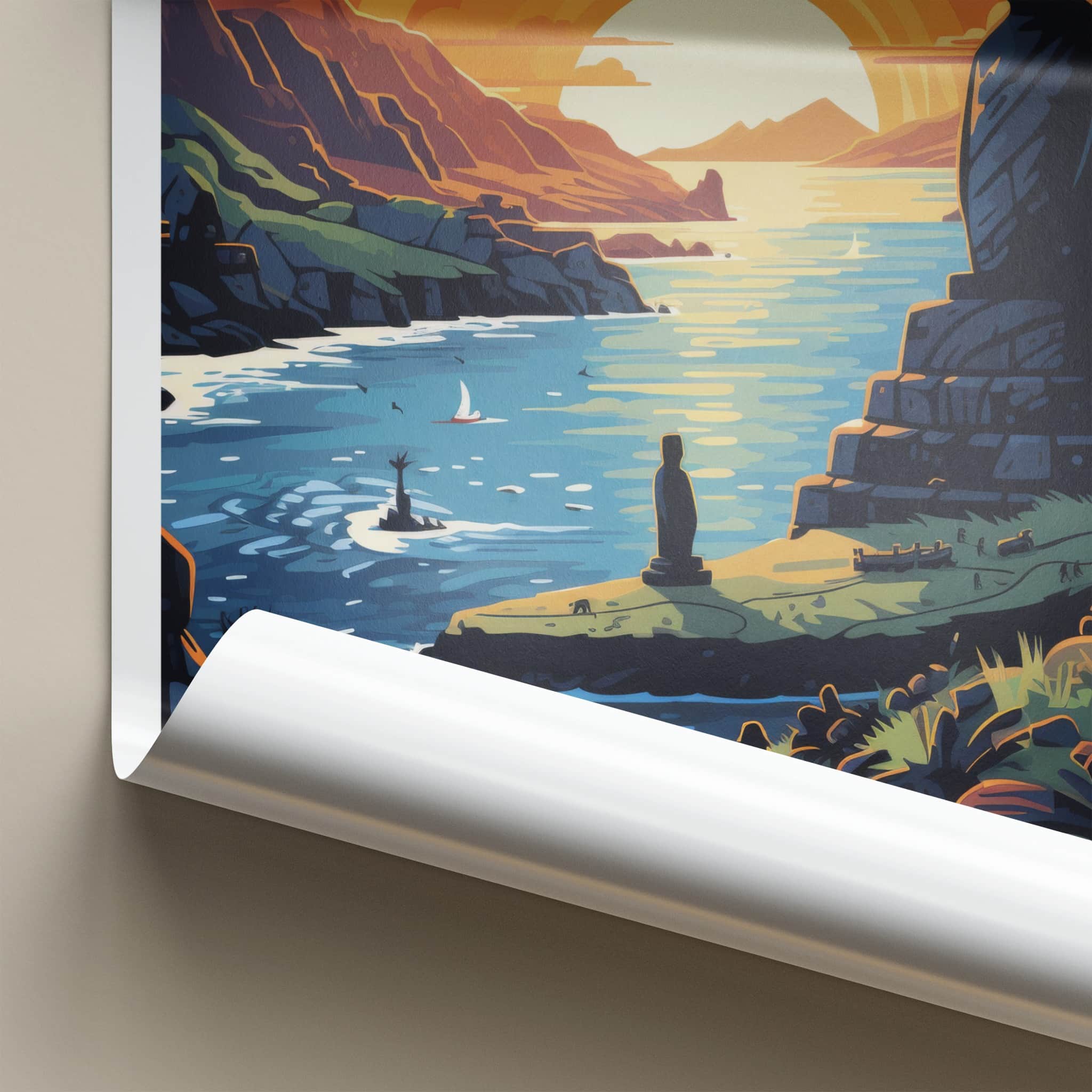 Easter Island Poster - Chile Travel Art - Moai Sunset Ocean Home Decor
