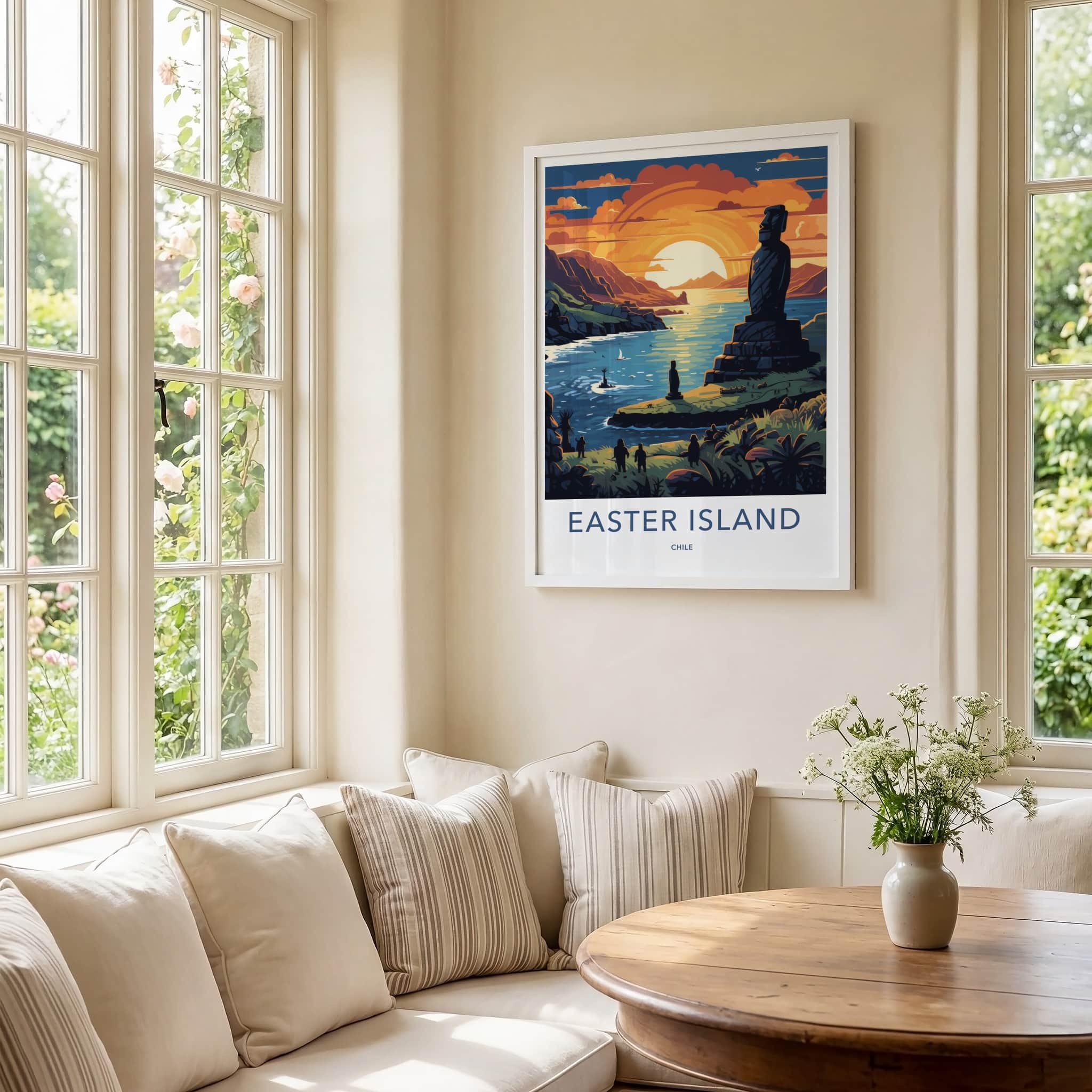 Easter Island Poster - Chile Travel Art - Moai Sunset Ocean Home Decor