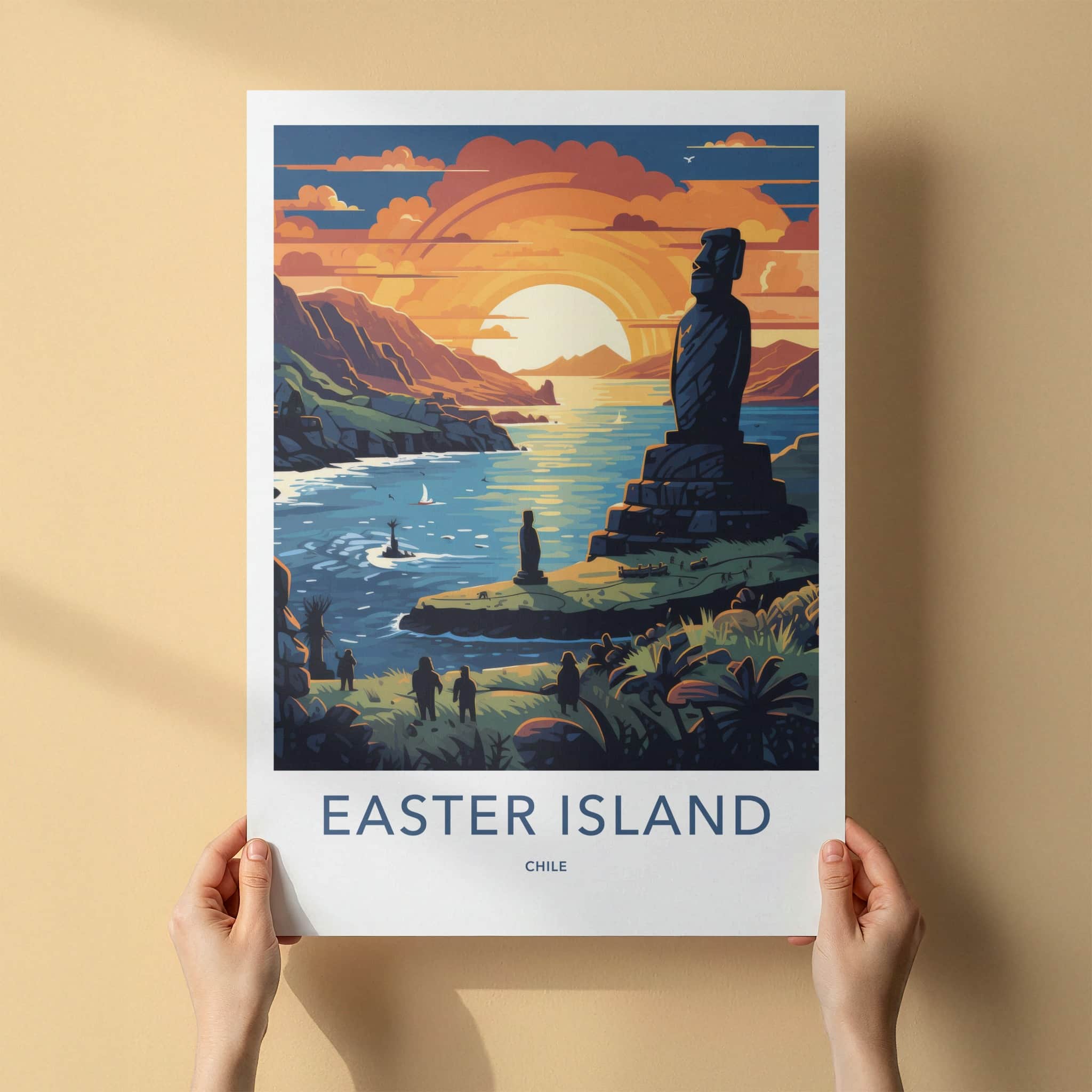 Easter Island Poster - Chile Travel Art - Moai Sunset Ocean Home Decor