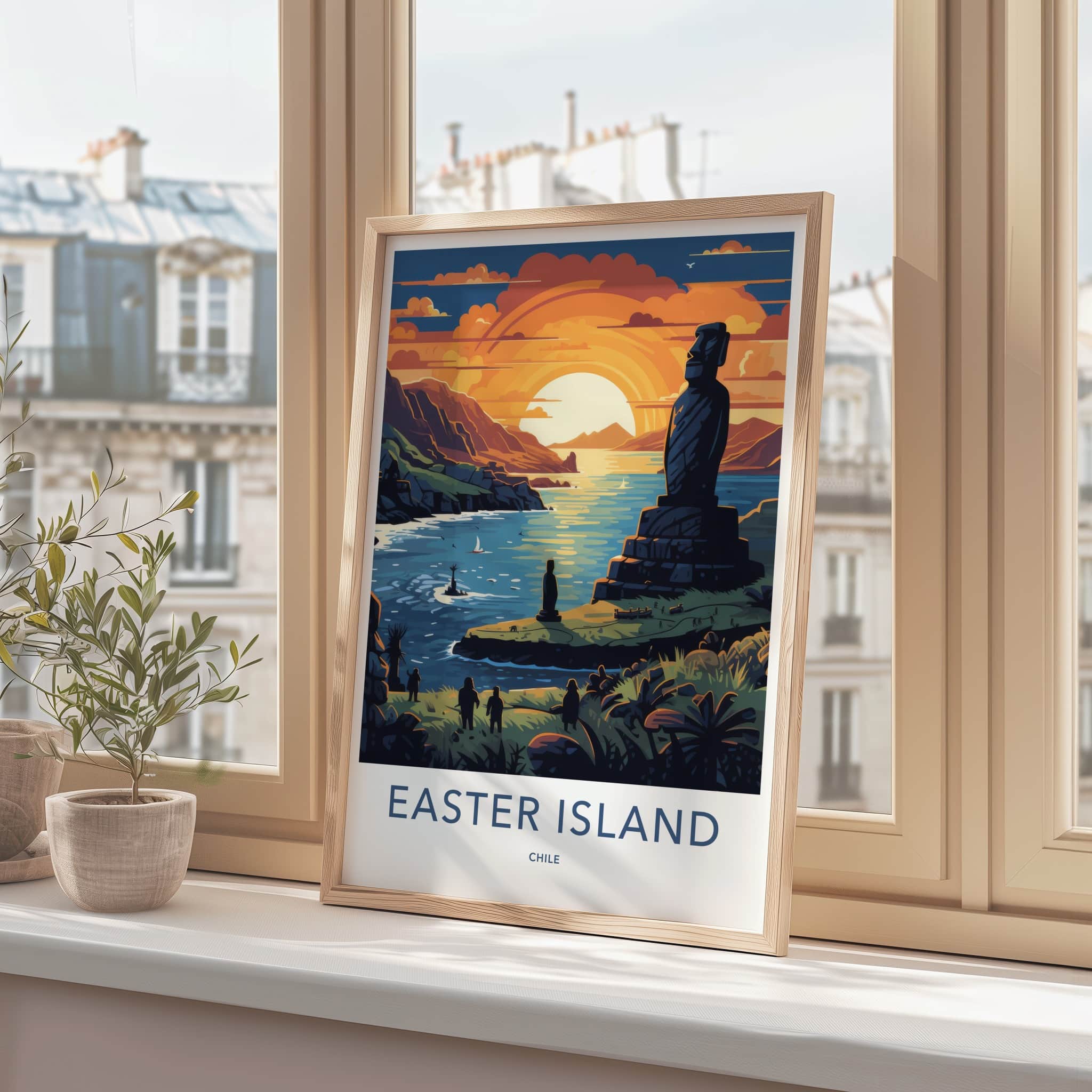 Easter Island Poster - Chile Travel Art - Moai Sunset Ocean Home Decor