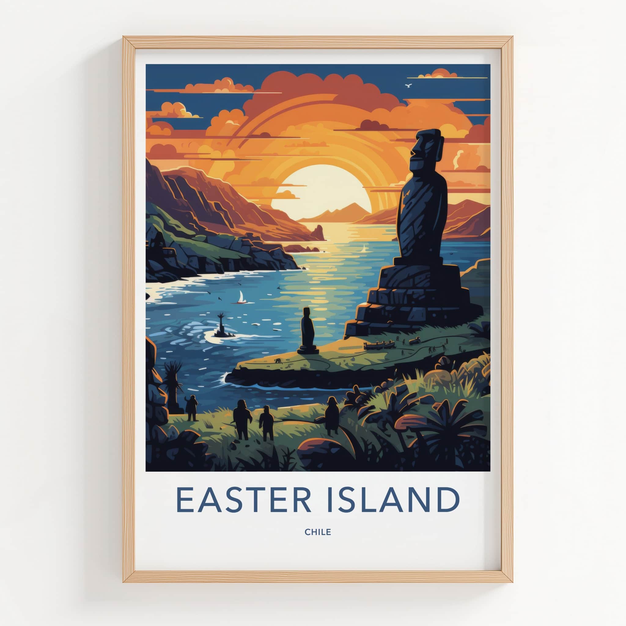 Easter Island Poster - Chile Travel Art - Moai Sunset Ocean Home Decor