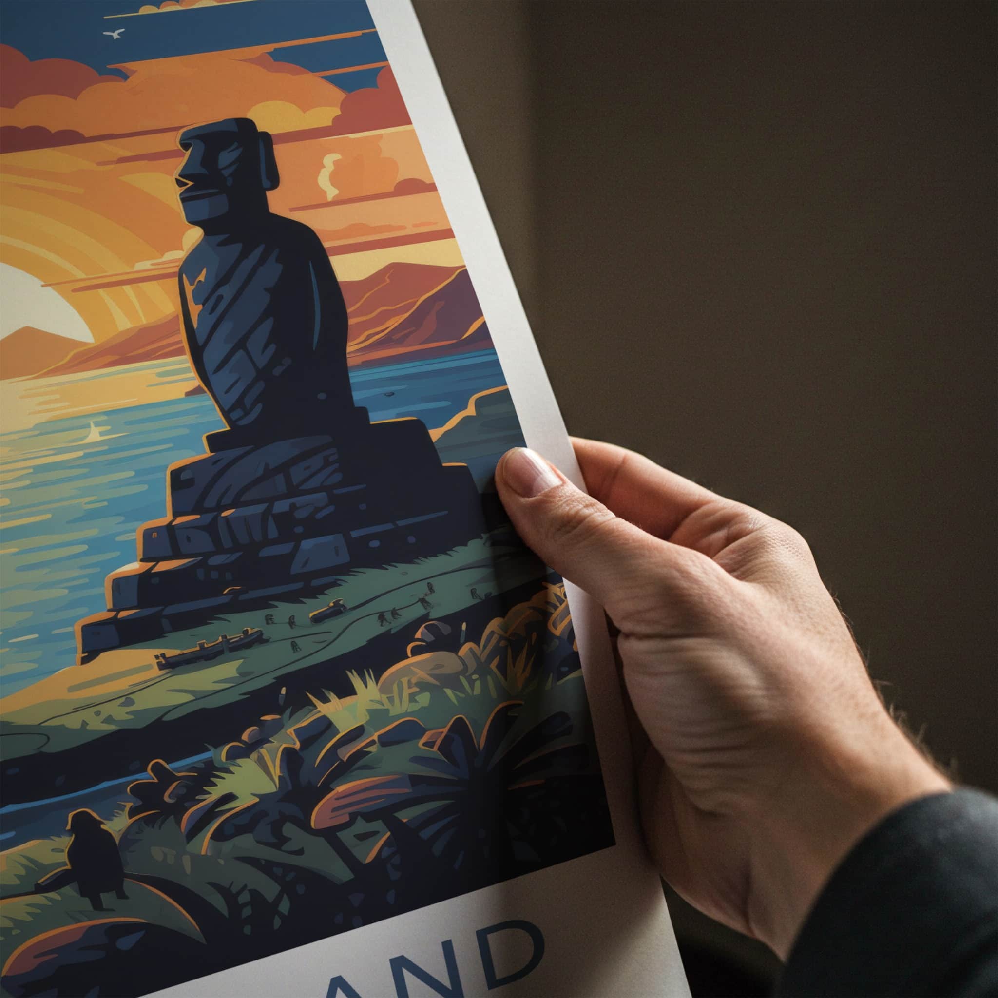 Easter Island Poster - Chile Travel Art - Moai Sunset Ocean Home Decor