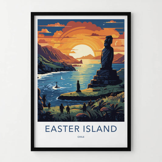 Easter Island Poster - Chile Travel Art - Moai Sunset Ocean Home Decor