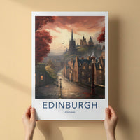 Edinburgh Poster - Scotland Travel Art - Cobbled Street Sunset Home Decor