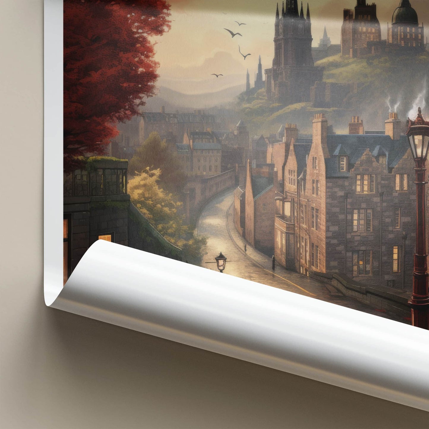 Edinburgh Poster - Scotland Travel Art - Cobbled Street Sunset Home Decor