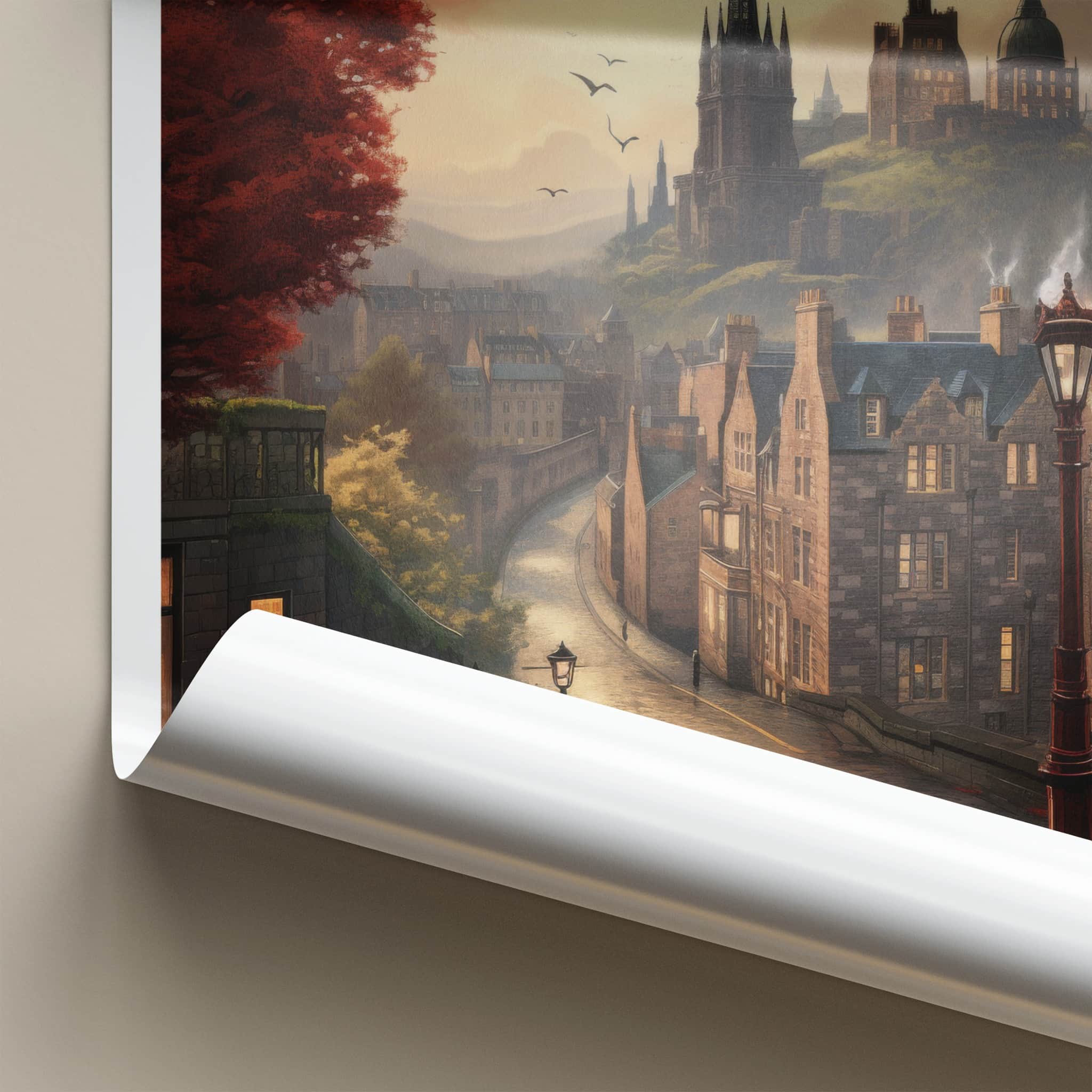 Edinburgh Poster - Scotland Travel Art - Cobbled Street Sunset Home Decor