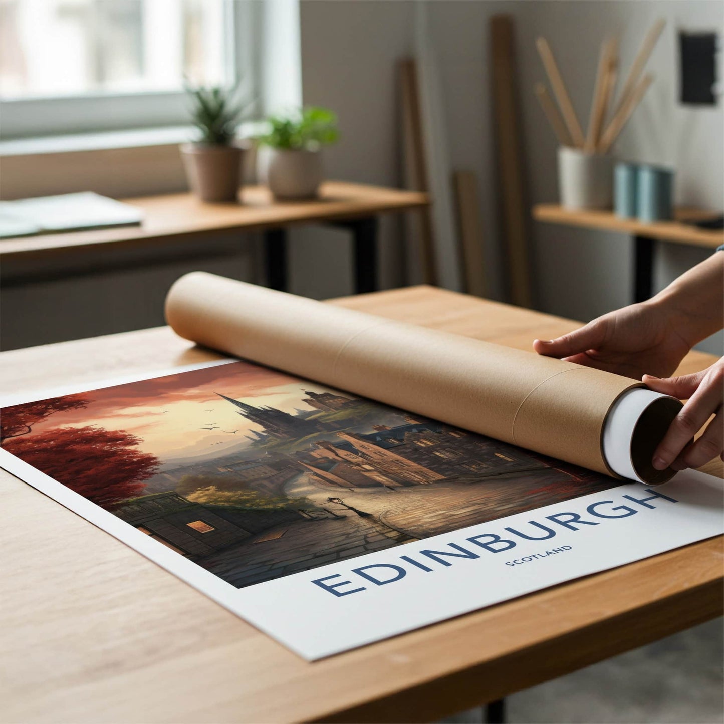 Edinburgh Poster - Scotland Travel Art - Cobbled Street Sunset Home Decor