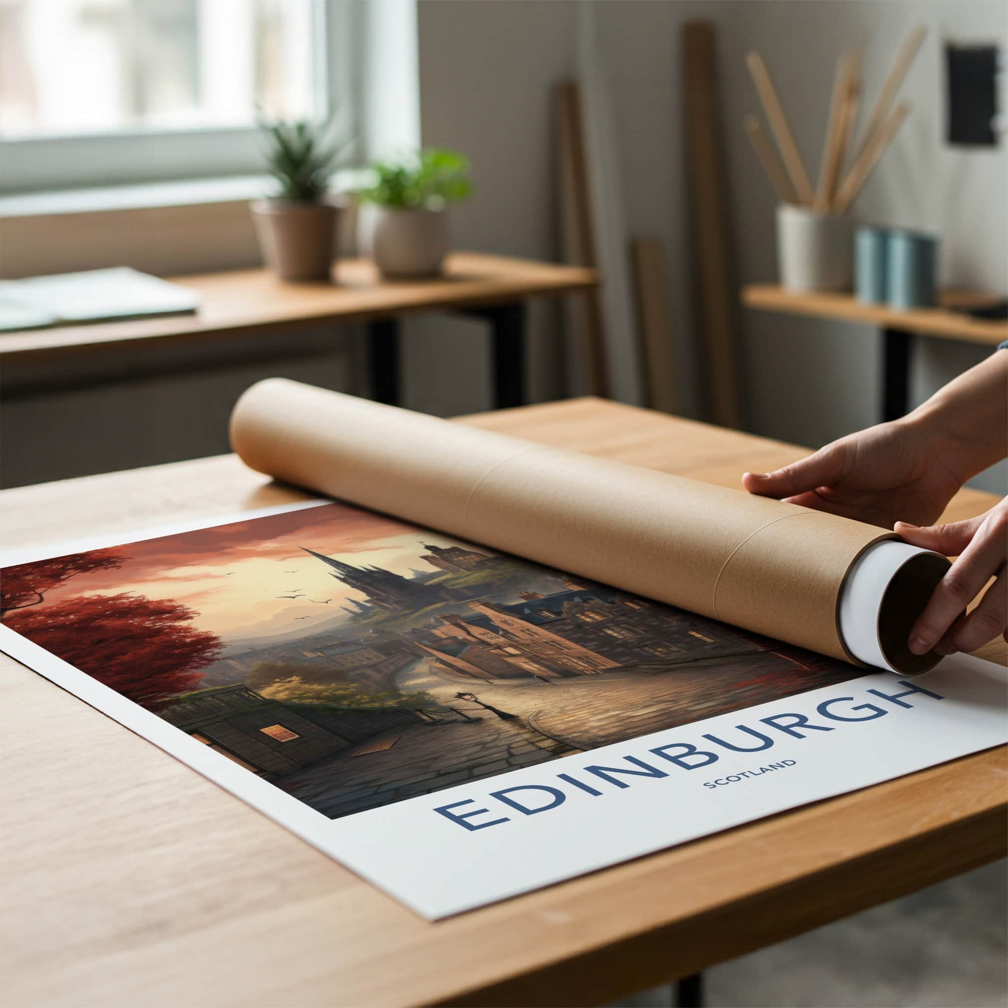 Edinburgh Poster - Scotland Travel Art - Cobbled Street Sunset Home Decor