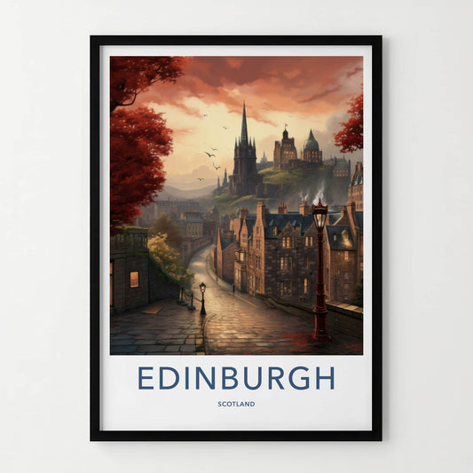 Edinburgh Poster - Scotland Travel Art - Cobbled Street Sunset Home Decor
