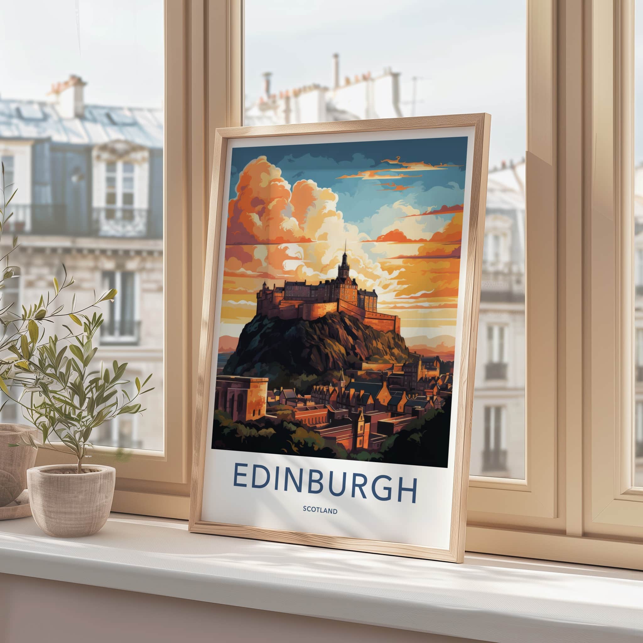 Edinburgh Poster - Scotland Travel Art - Hilltop Castle Sunset Home Decor