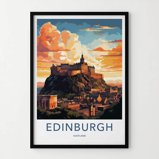 Edinburgh Poster - Scotland Travel Art - Hilltop Castle Sunset Home Decor