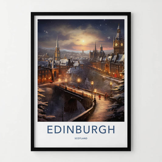 Edinburgh Poster - Scotland Travel Art - Snowy Evening City Home Decor