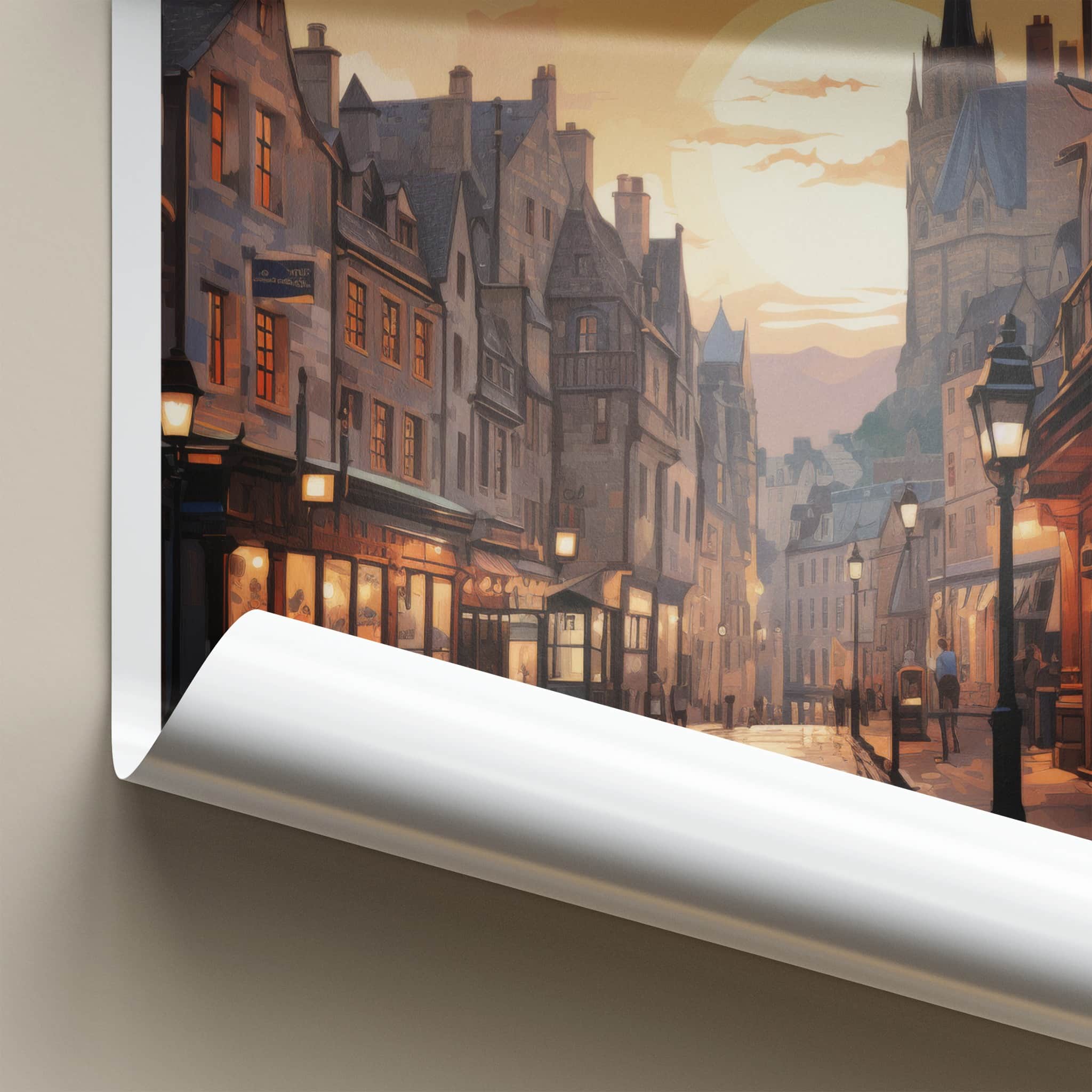 Edinburgh Poster - Scotland Travel Art - Sunset City Street Home Decor
