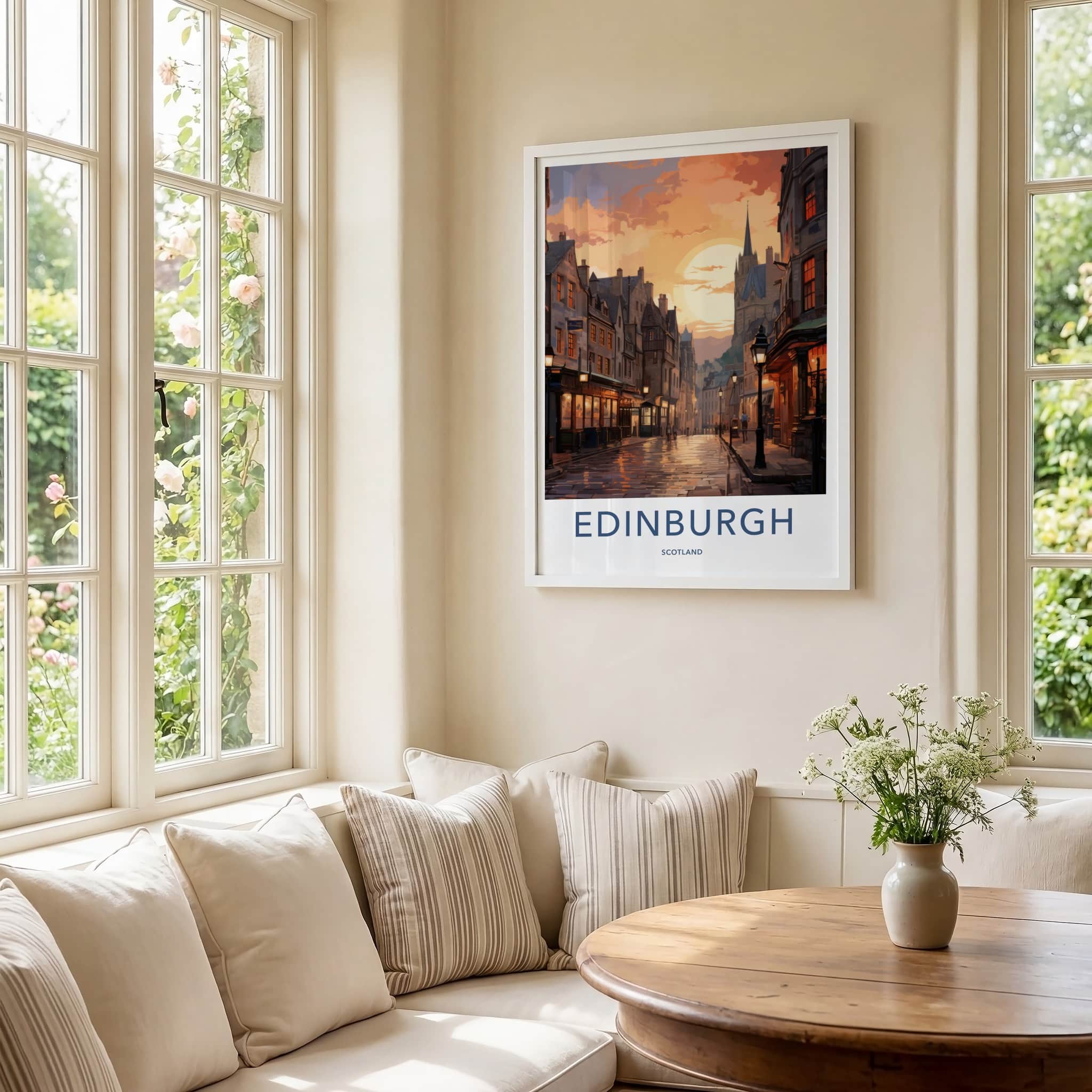 Edinburgh Poster - Scotland Travel Art - Sunset City Street Home Decor