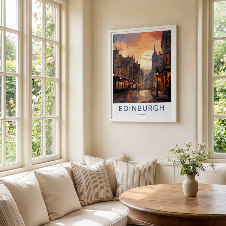 Edinburgh Poster - Scotland Travel Art - Sunset City Street Home Decor