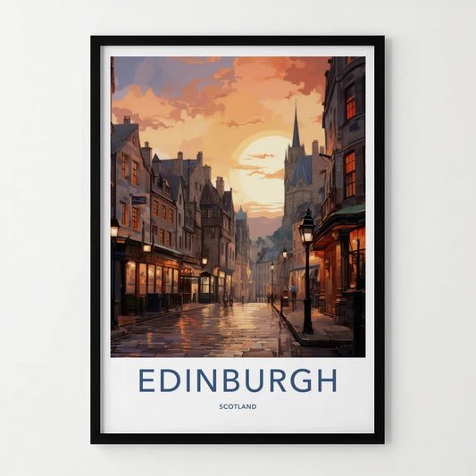 Edinburgh Poster - Scotland Travel Art - Sunset City Street Home Decor