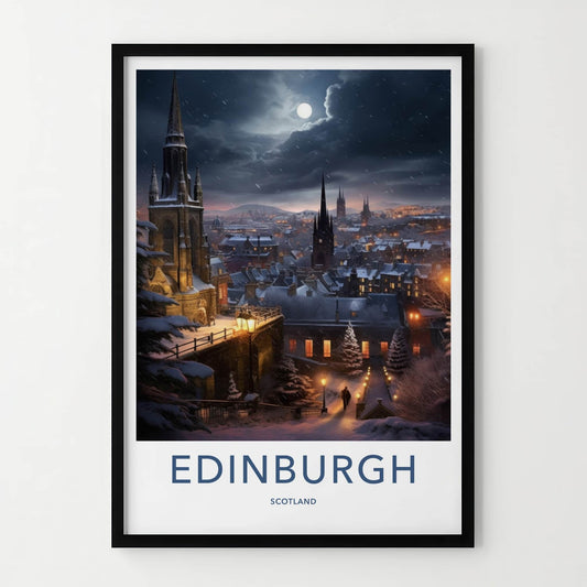 Edinburgh Poster - Scotland Wall Art - Moonlit Snowy City Home Decor