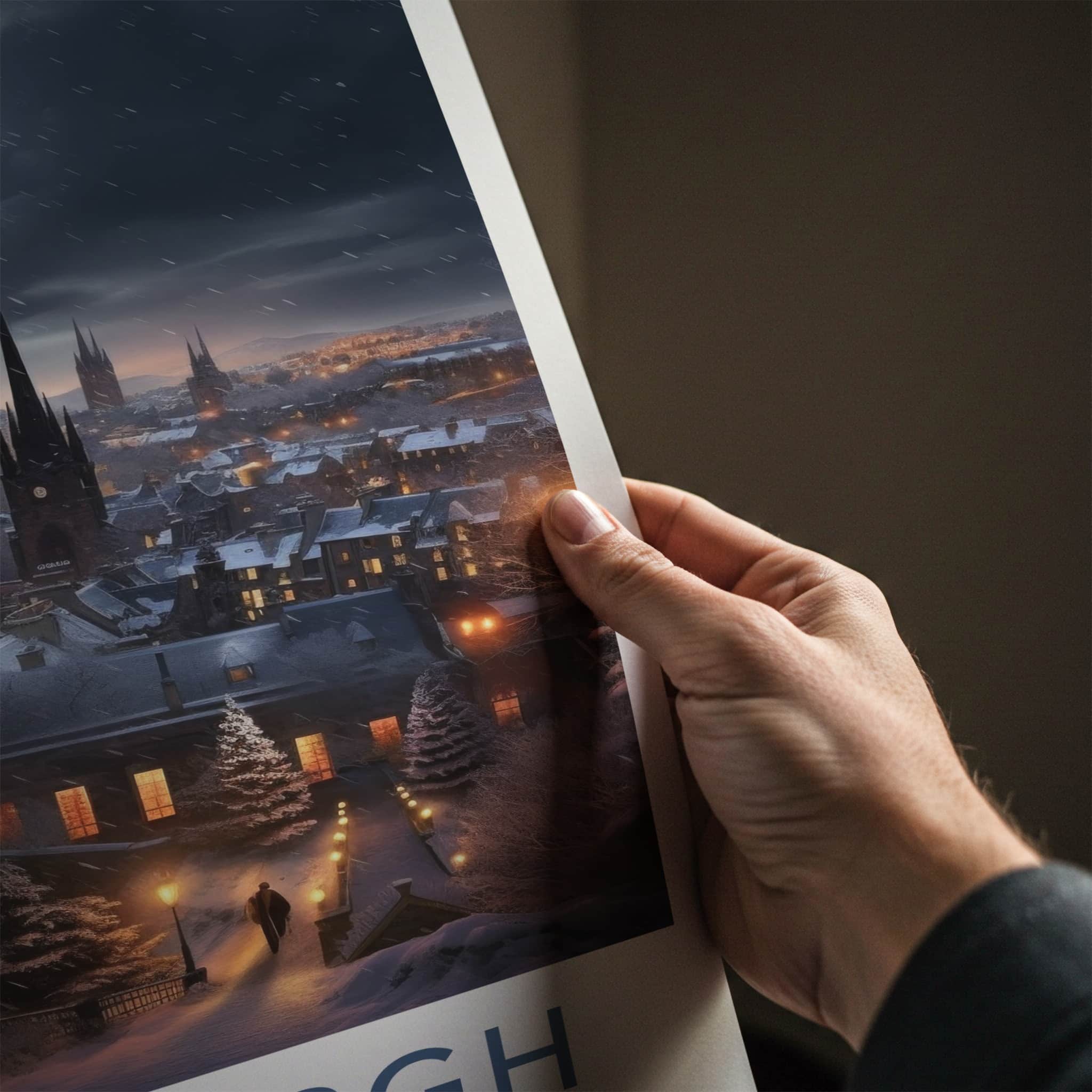 Edinburgh Poster - Scotland Wall Art - Moonlit Snowy City Home Decor