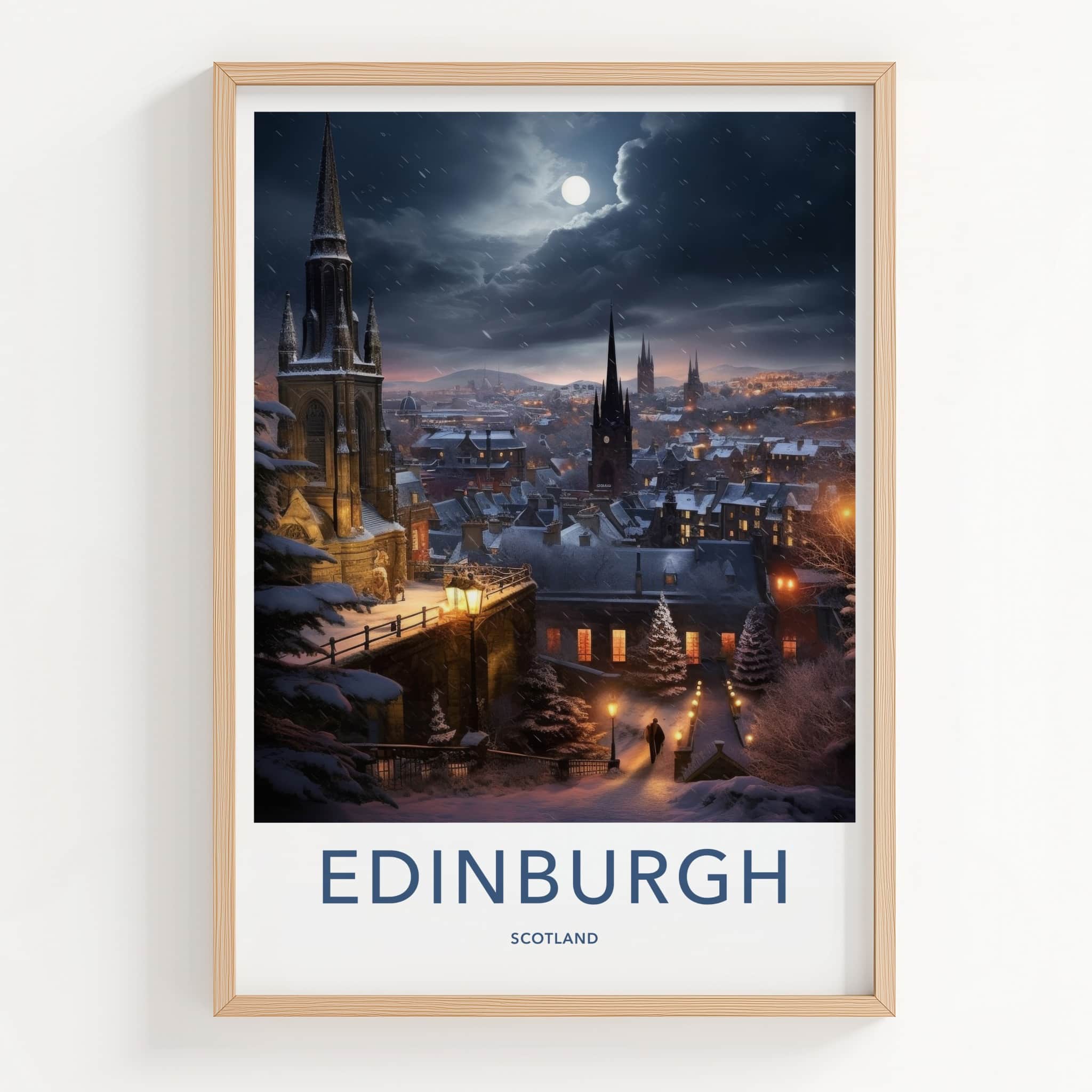 Edinburgh Poster - Scotland Wall Art - Moonlit Snowy City Home Decor