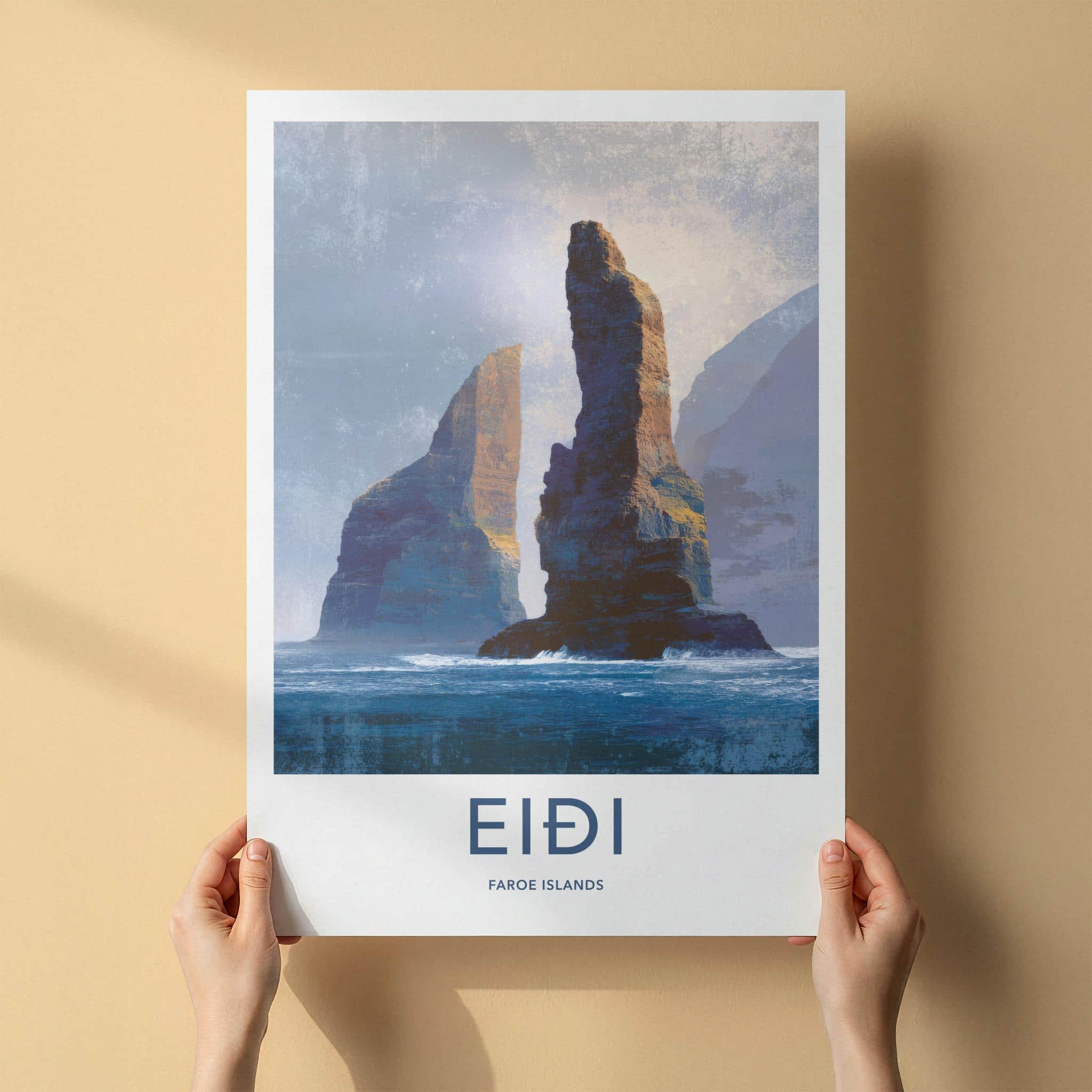 Eidi Poster - Faroe Islands Travel Art - Tall Sea Stacks Home Decor