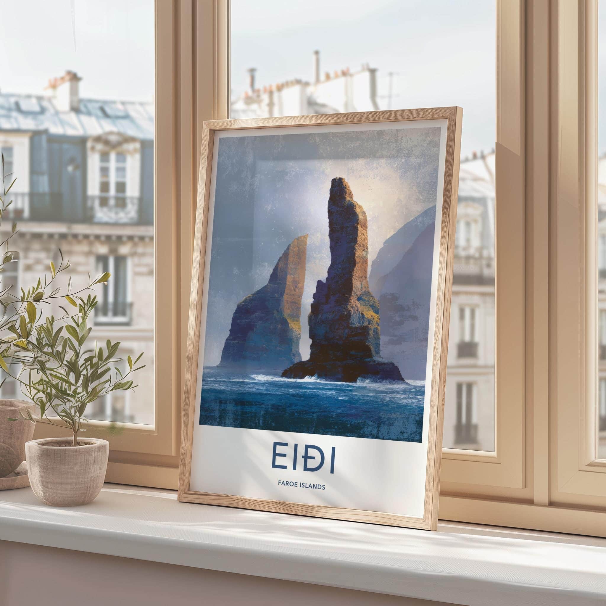 Eidi Poster - Faroe Islands Travel Art - Tall Sea Stacks Home Decor