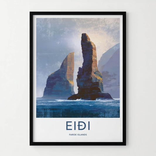 Eidi Poster - Faroe Islands Travel Art - Tall Sea Stacks Home Decor