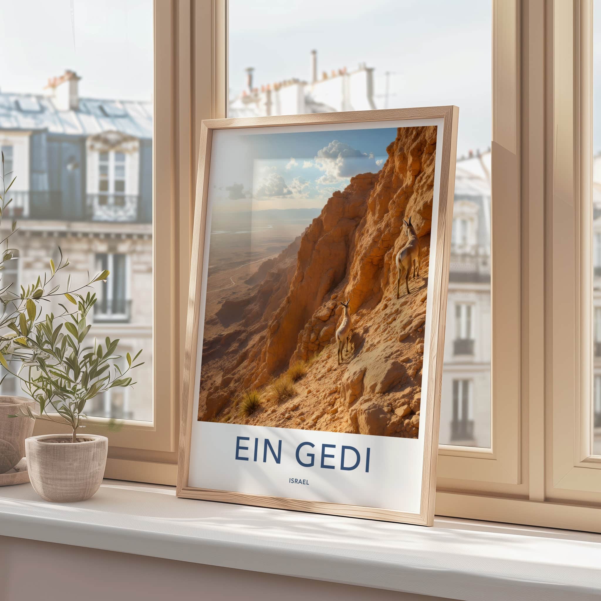 Ein Gedi Poster - Israel Travel Art - Desert Ibex Climbing Home Decor