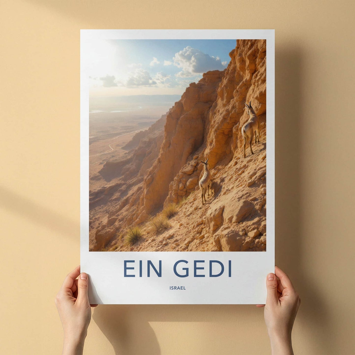 Ein Gedi Poster - Israel Travel Art - Desert Ibex Climbing Home Decor