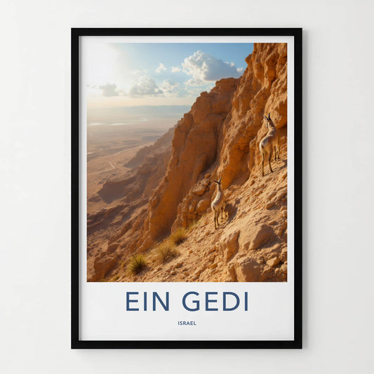 Ein Gedi Poster - Israel Travel Art - Desert Ibex Climbing Home Decor