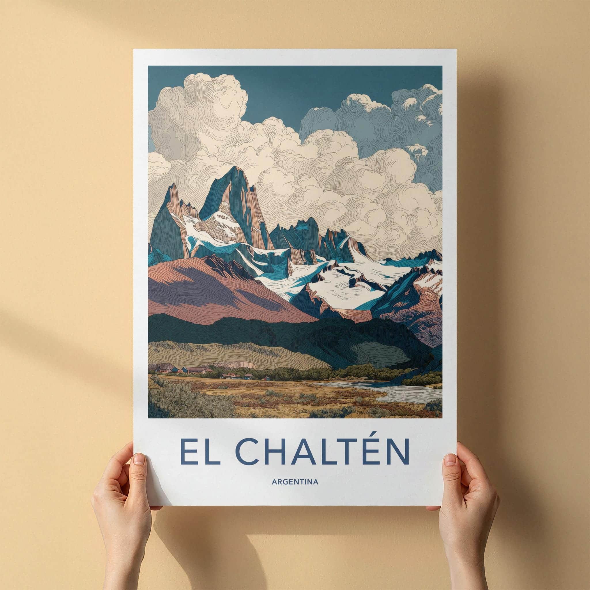 El Chalten Poster - Argentina Travel Art - Textured Mountain Peak Home Decor